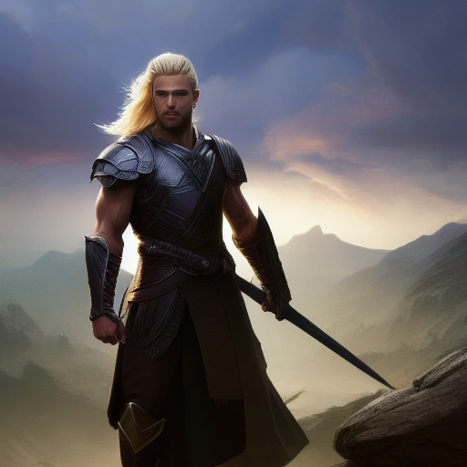 11198-89173920-Fantasy male warrior, ((Rugged Blonde hair)), dim light, front game card, muscular, dark, intricate, highly detailed, smooth, ar.webp